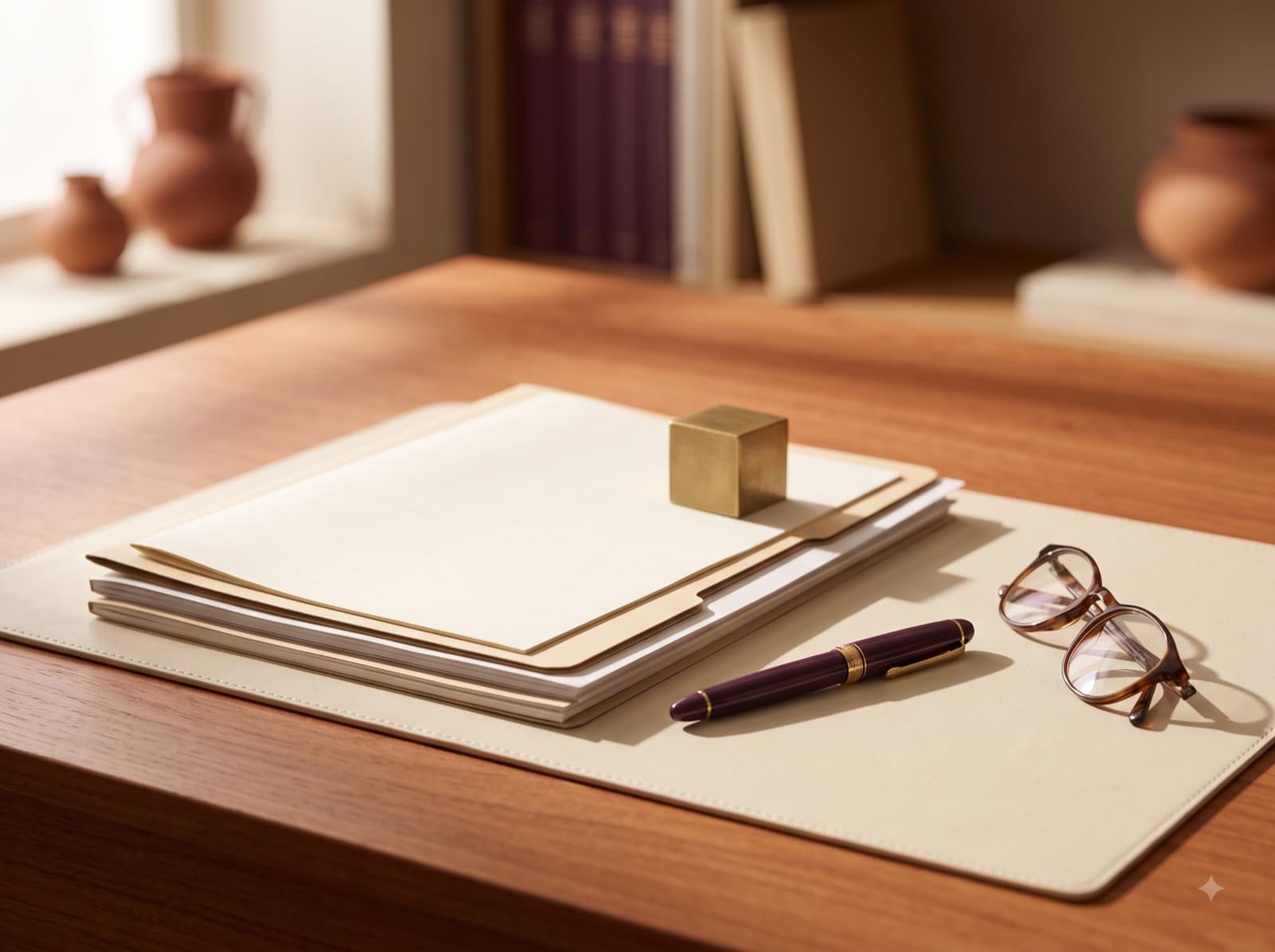 An advisor's desk with documents, a fountain pen and reading glasses