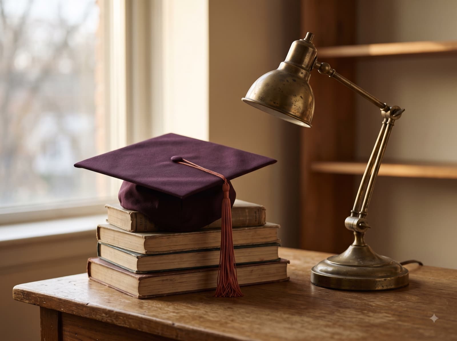 A graduation cap on a stack of worn books beside a brass desk lamp