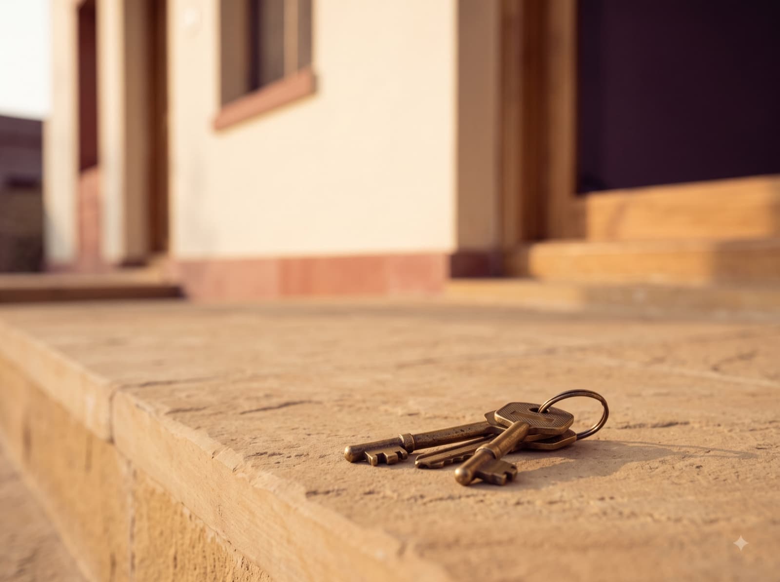 A set of brass house keys resting on a sunlit stone doorstep