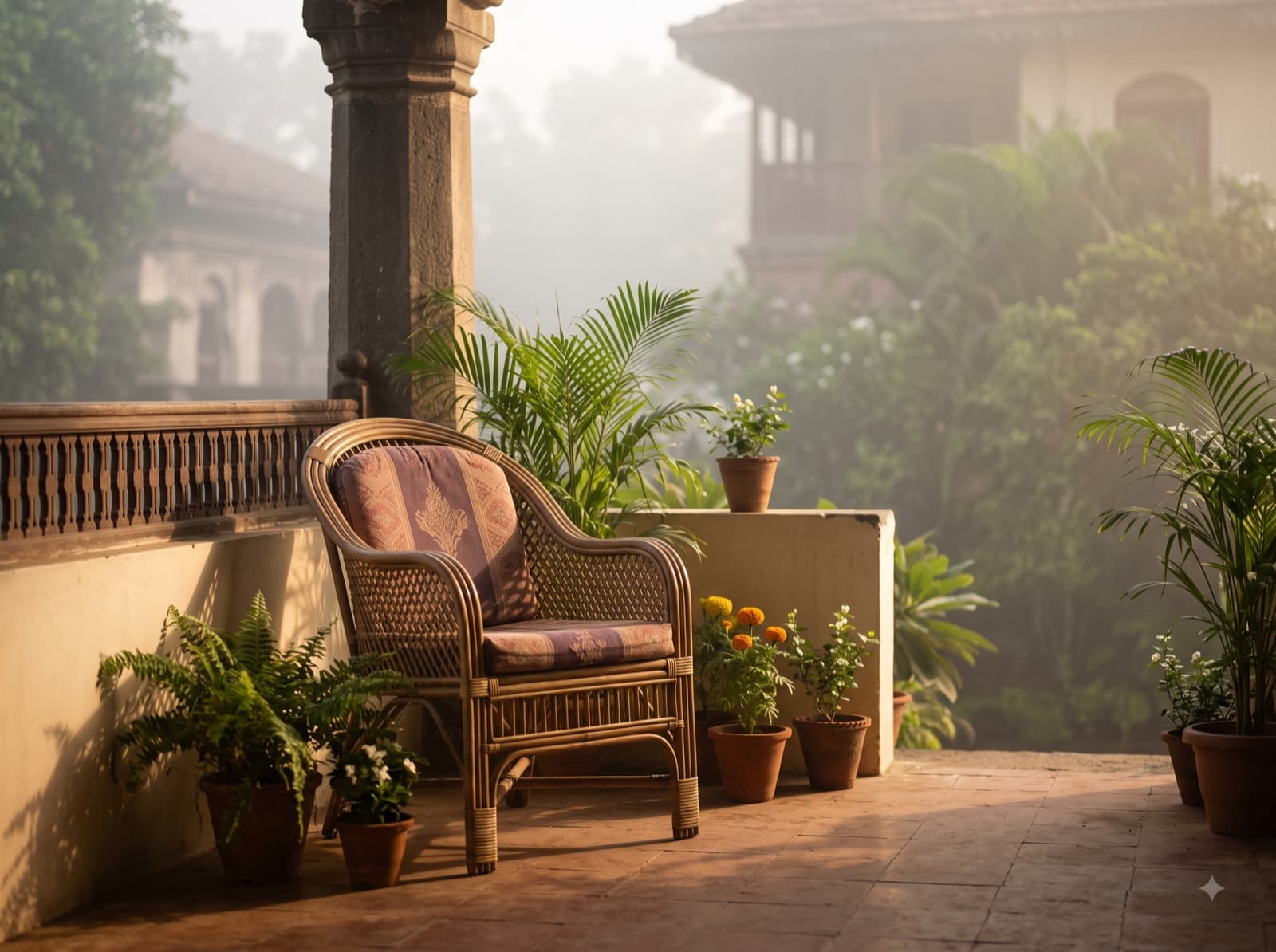 An empty cane armchair on a quiet veranda in misty morning light