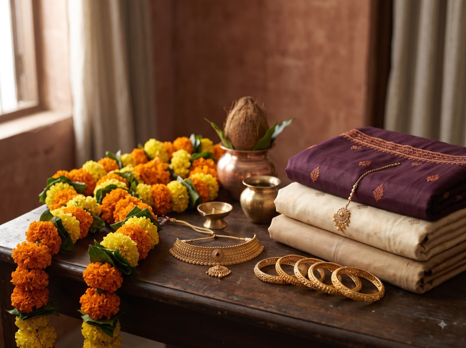 Marigold garlands, folded silk and gold jewellery beside brass vessels